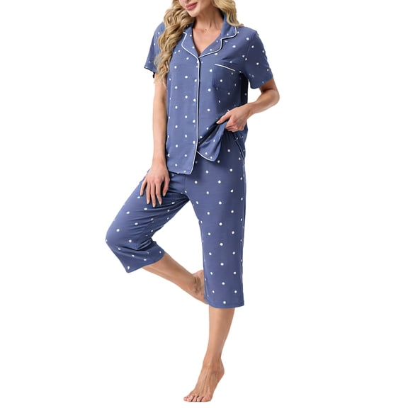 MINTREUS Pajama Sets for Women Notch Knit Top and Capri Pants Pjs Soft Lounge Sets, 2 Piece, Sizes M-3X