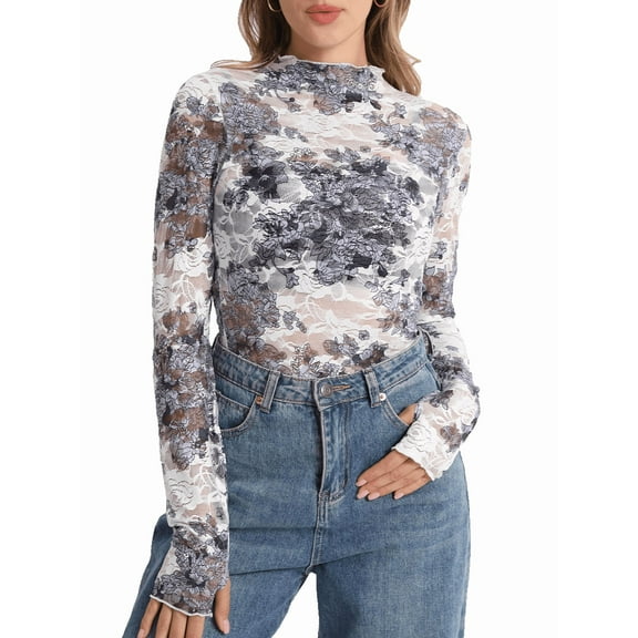MINTREUS Lace Top with Long Sleeves Stand Collar Embroidered Floral Design Ideal for Parties and Clubs xs-xxl