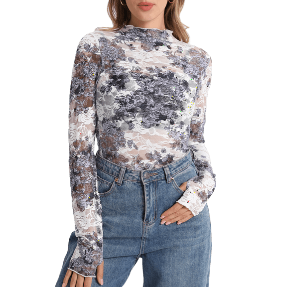 MINTREUS Lace Top with Long Sleeves Stand Collar Embroidered Floral Design Ideal for Parties and Clubs xs-xxl