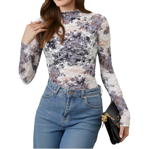 MINTREUS Lace Top with Long Sleeves Stand Collar Embroidered Floral Design Ideal for Parties and Clubs xs-xxl