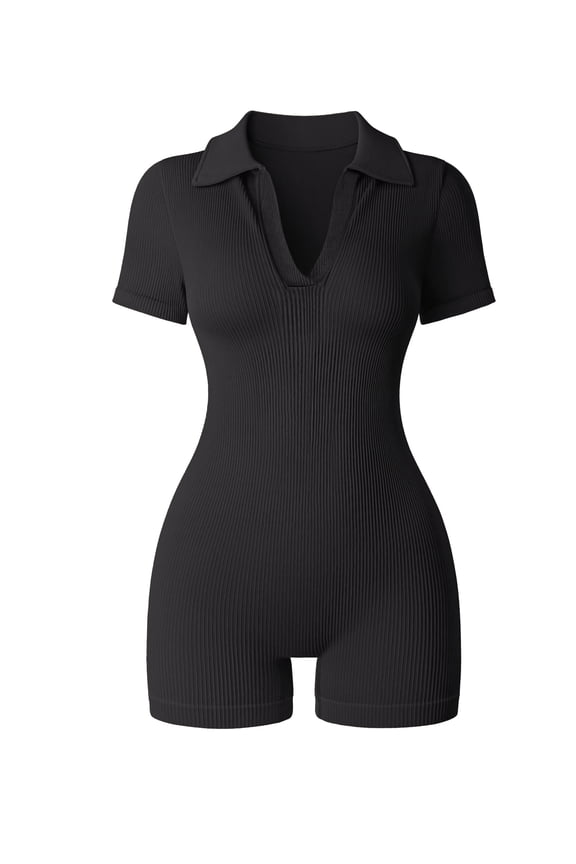 Women Rompers Short Sleeve V Neck Summer Casual Stretch Overalls Shorts Jumpsuit