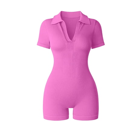 MINTREUS Women Rompers Short Sleeve V Neck Summer Casual Stretch Overalls Shorts Jumpsuit