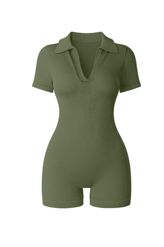 Women Rompers Short Sleeve V Neck Summer Casual Stretch Overalls Shorts Jumpsuit