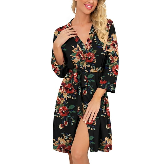 MINTREUS Women Kimono Robes Short Robe Soft Knit Sleepwear Homewear Knit Spa Bathrobe