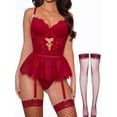 thumbnail image 1 of MINTREUS Lingerie for Women Sexy Rhinestone Heart Garter Underwire Floral Lace Mesh Sheer Babydoll Lingerie Teddy Bodysuit Skirt Set, 1 of 9