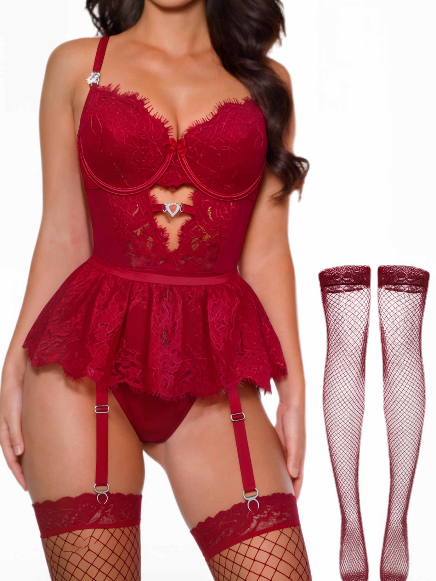 Lencería para Mujer Sexy con Corazón de Cristal, Liga, Encaje Floral, Malla Transparente, Babydoll Sexy, Body y Falda