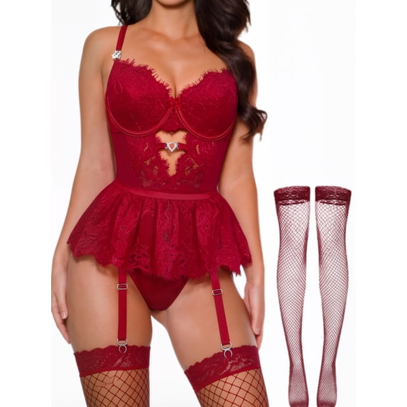 MINTREUS Lingerie for Women Sexy Rhinestone Heart Garter Underwire Floral Lace Mesh Sheer Babydoll Lingerie Teddy Bodysuit Skirt Set