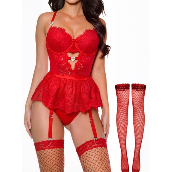MINTREUS Lingerie for Women Sexy Rhinestone Heart Garter Underwire Floral Lace Mesh Sheer Babydoll Lingerie Teddy Bodysuit Skirt Set