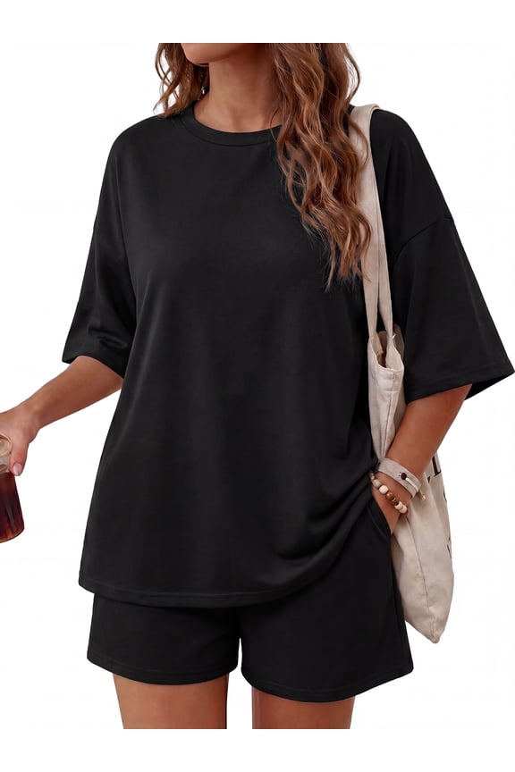 Womens 2 Piece Lounge Sets Crew Neck Short Summer Pajama Set Airport Travel Outfits with Pockets