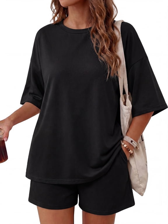 Womens 2 Piece Lounge Sets Crew Neck Short Summer Pajama Set Airport Travel Outfits with Pockets