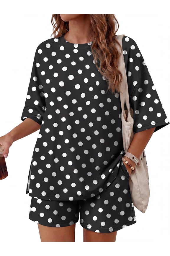Womens 2 Piece Lounge Sets Crew Neck Short Summer Pajama Set Airport Travel Outfits with Pockets