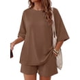 thumbnail image 1 of MINTREUS Womens 2 Piece Lounge Sets Crew Neck Short Summer Pajama Set Airport Travel Outfits with Pockets, 1 of 8