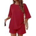 thumbnail image 1 of MINTREUS Womens 2 Piece Lounge Sets Crew Neck Short Summer Pajama Set Airport Travel Outfits with Pockets, 1 of 8