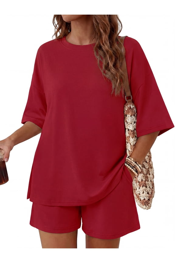 Womens 2 Piece Lounge Sets Crew Neck Short Summer Pajama Set Airport Travel Outfits with Pockets