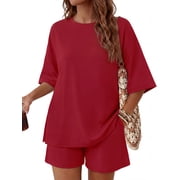 MINTREUS Womens 2 Piece Lounge Sets Crew Neck Short Summer Pajama Set Airport Travel Outfits with Pockets
