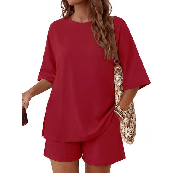 MINTREUS Womens 2 Piece Lounge Sets Crew Neck Short Summer Pajama Set Airport Travel Outfits with Pockets