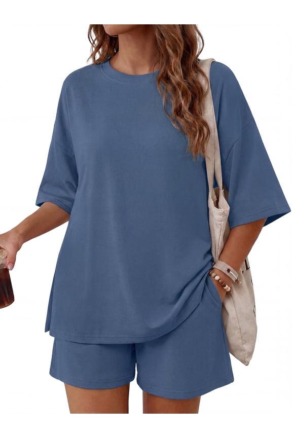 Womens 2 Piece Lounge Sets Crew Neck Short Summer Pajama Set Airport Travel Outfits with Pockets