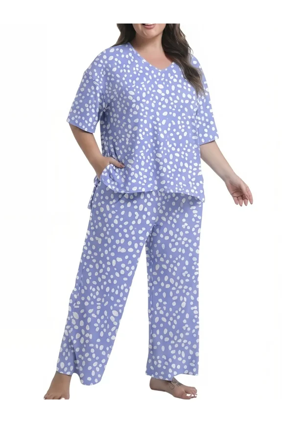 Women Plus Size Lounge Sets for Women Knit Short Sleeve V-neck Tops and Long Pants Oversized 2 Piece Outfits 1X-5X