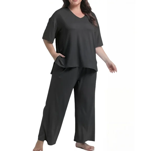 MINTREUS Women Plus Size Lounge Sets for Women Knit Short Sleeve V-neck Tops and Long Pants Oversized 2 Piece Outfits 1X-5X