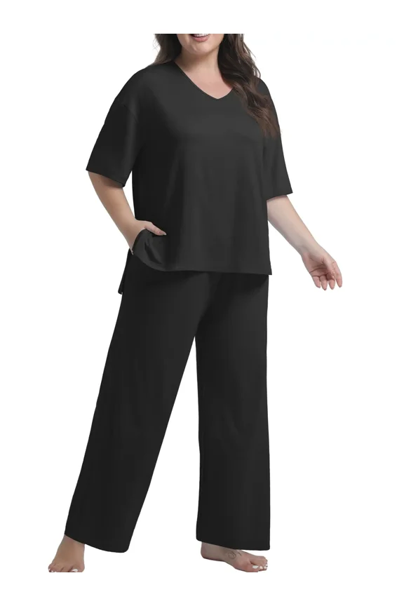 Lounge Sets for Women Plus Size Pajamas Knit pjs Short Sleeve Tops and Long Pants Soft Comfy 2 Piece Pajama Set