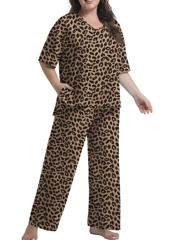 Lounge Sets for Women Plus Size Pajamas Knit pjs Short Sleeve Tops and Long Pants Soft Comfy 2 Piece Pajama Set