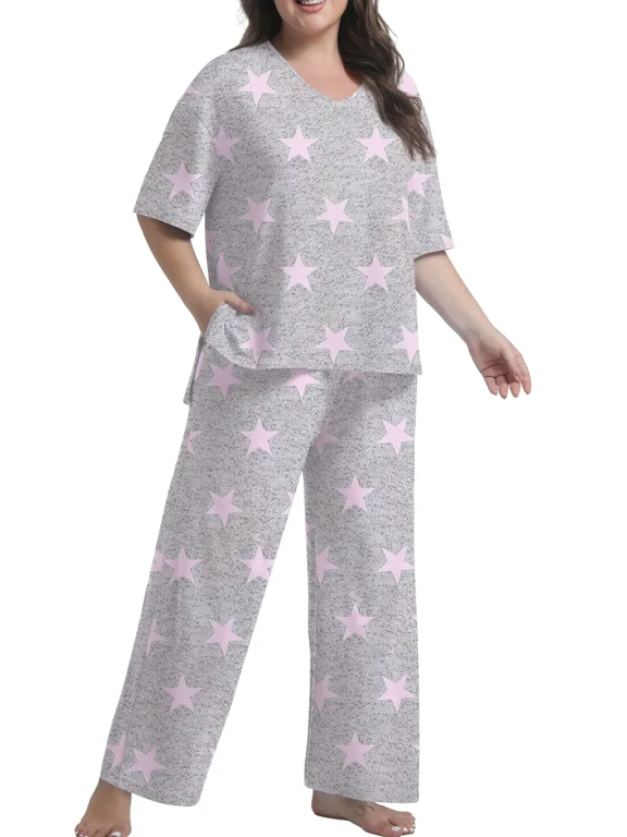 Lounge Sets for Women Plus Size Pajamas Knit pjs Short Sleeve Tops and Long Pants Soft Comfy 2 Piece Pajama Set