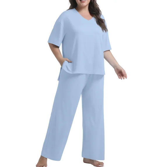 MINTREUS Lounge Sets for Women Plus Size Pajamas Knit pjs Short Sleeve Tops and Long Pants Soft Comfy 2 Piece Pajama Set