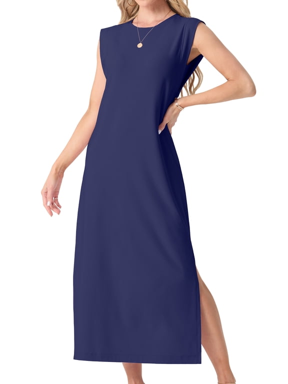 Nightgowns for Women Sleeveless Maxi Long Lounge Dress Lightweight Nightshirt with Pockets