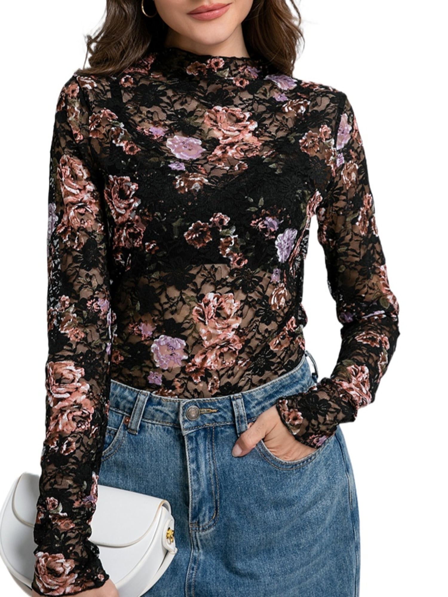 MINTREUS Women's Lace Top, Long Sleeves, Stand Collar, Floral