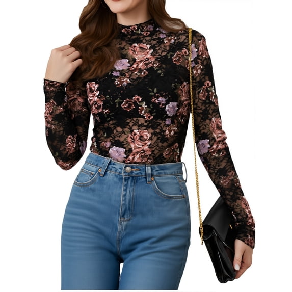 MINTREUS Lace Top with Long Sleeves Stand Collar Embroidered Floral Design Ideal for Parties and Clubs xs-xxl