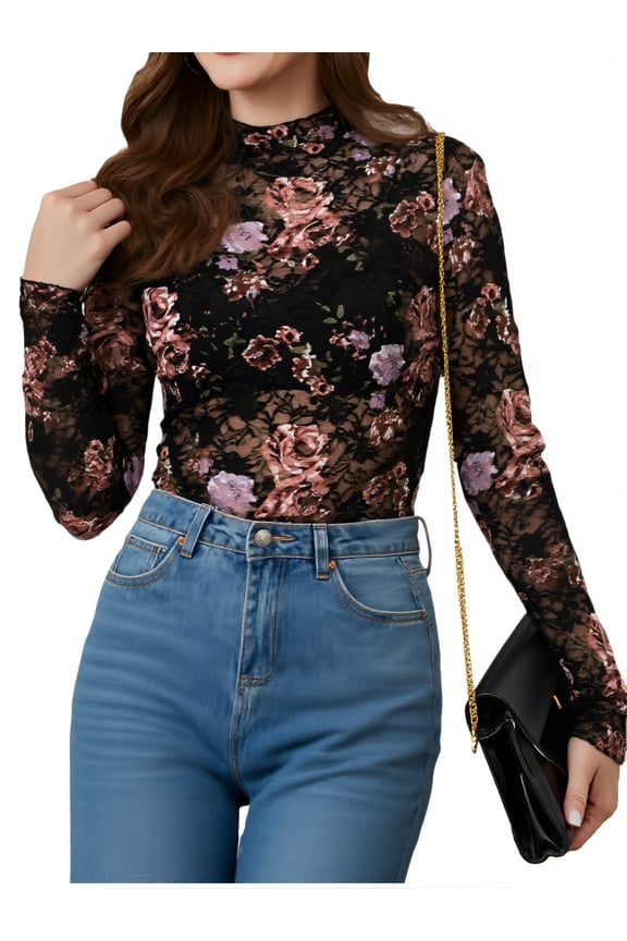 Lace Top with Long Sleeves Stand Collar Embroidered Floral Design Ideal for Parties and Clubs xs-xxl