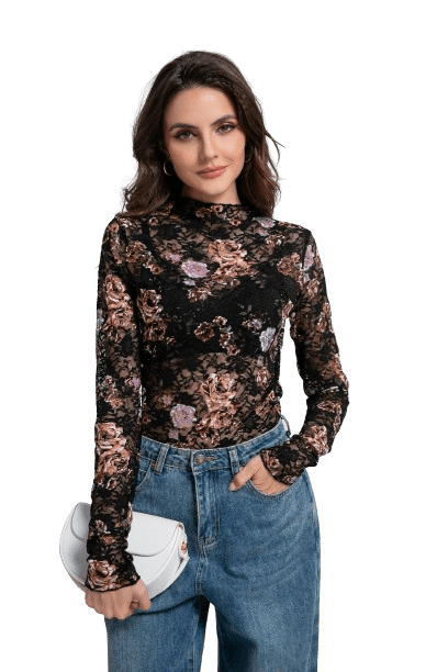 Lace Top with Long Sleeves Stand Collar Embroidered Floral Design Ideal for Parties and Clubs xs-xxl