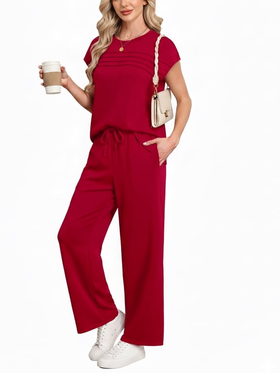 Two Piece Lounge Sets for Women Fall Short Sleeve Travel Vacation Outfits Set with Pocket and Wide Leg Pants