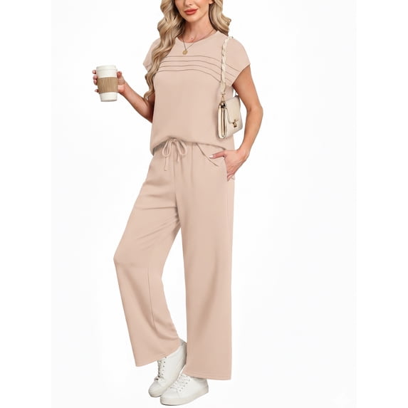 MINTREUS Two Piece Lounge Sets for Women Fall Short Sleeve Travel Vacation Outfits Set with Pocket and Wide Leg Pants