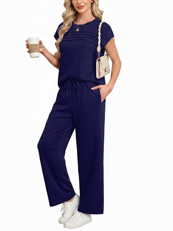 Two Piece Lounge Sets for Women Fall Short Sleeve Travel Vacation Outfits Set with Pocket and Wide Leg Pants
