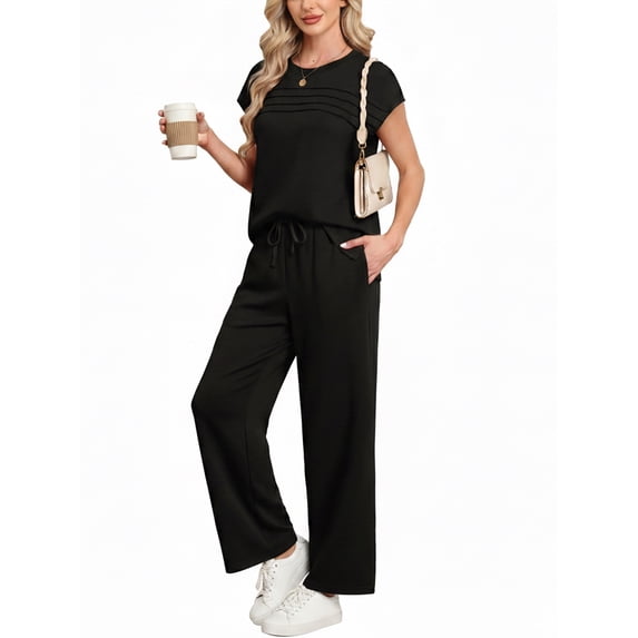 MINTREUS Two Piece Lounge Sets for Women Fall Short Sleeve Travel Vacation Outfits Set with Pocket and Wide Leg Pants