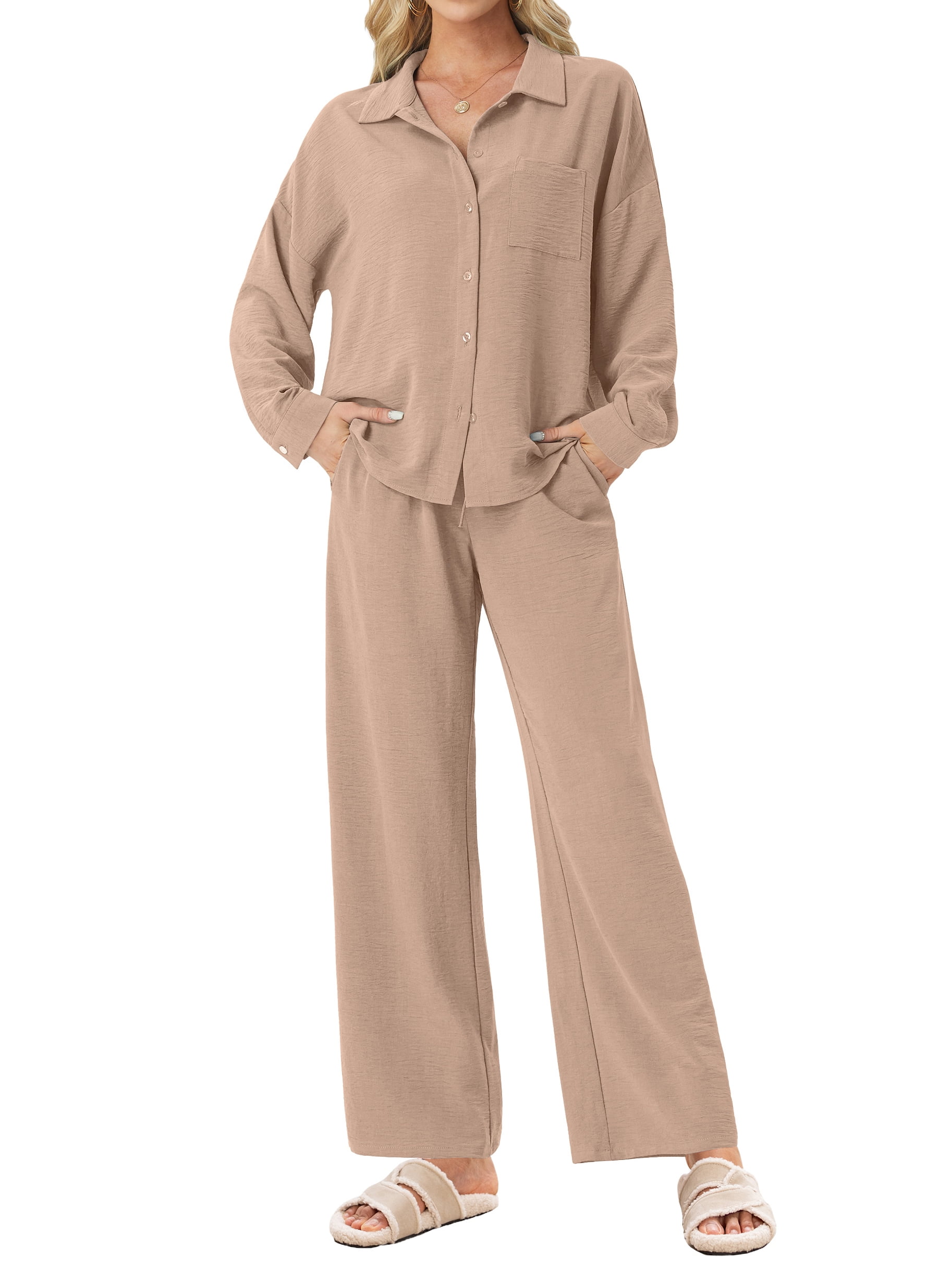 Lounge Sets for Women Casual Long Sleeve Button Down Shirt and Drawstring Wide Leg Pants Two Piece Outfits with Pockets Pjs