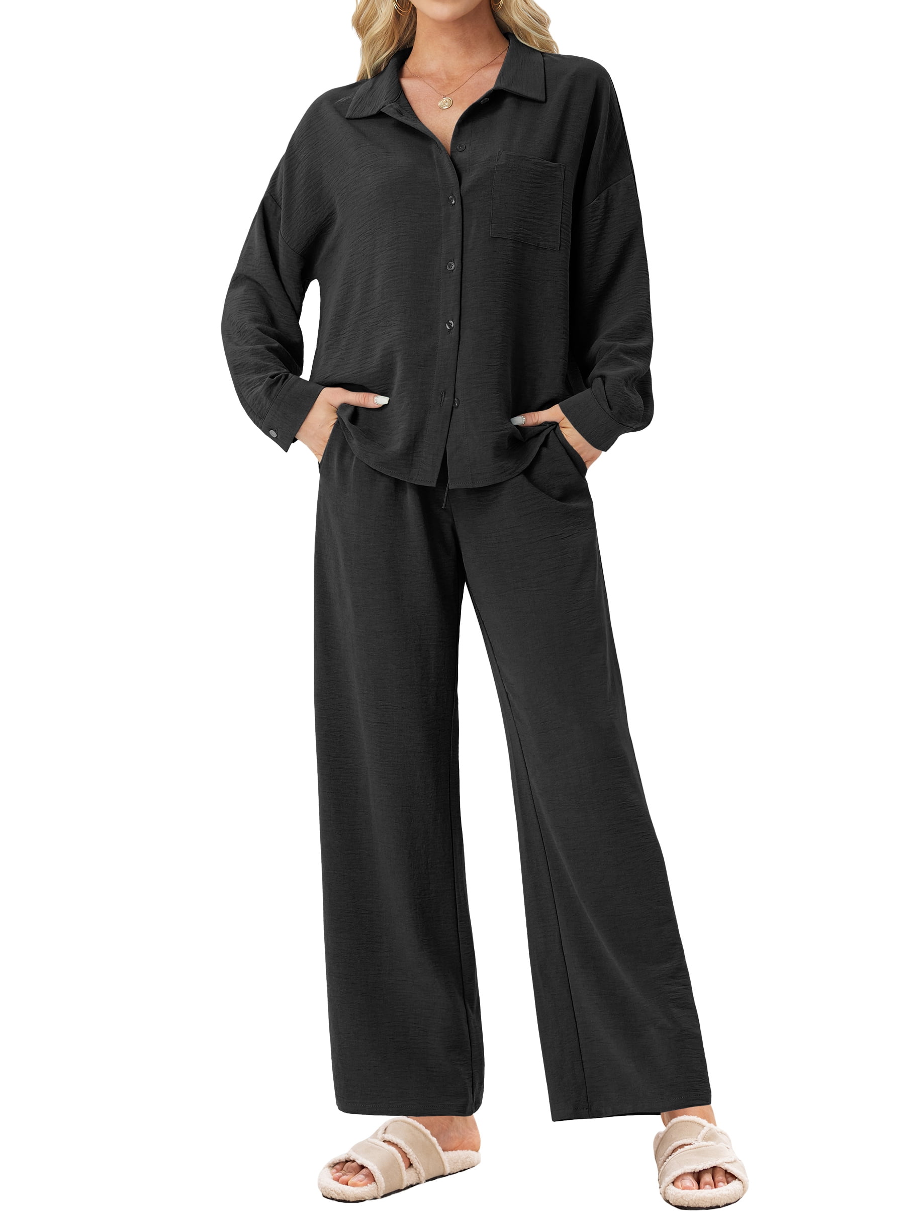 Lounge Sets for Women Casual Long Sleeve Button Down Shirt and Drawstring Wide Leg Pants Two Piece Outfits with Pockets Pjs