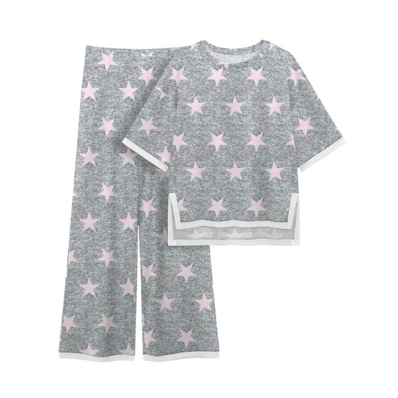 MINTREUS Women's Cotton 2-Piece Loungewear Short-Sleeve Round-Neck Pullover Top Wide-Leg Pants Women's PJ Casual Set