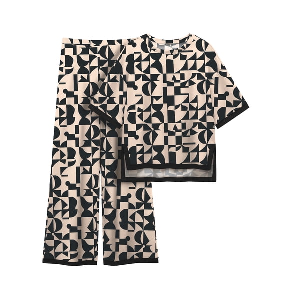 MINTREUS Women's Cotton 2-Piece Loungewear Short-Sleeve Round-Neck Pullover Top Wide-Leg Pants Women's PJ Casual Set S-4X