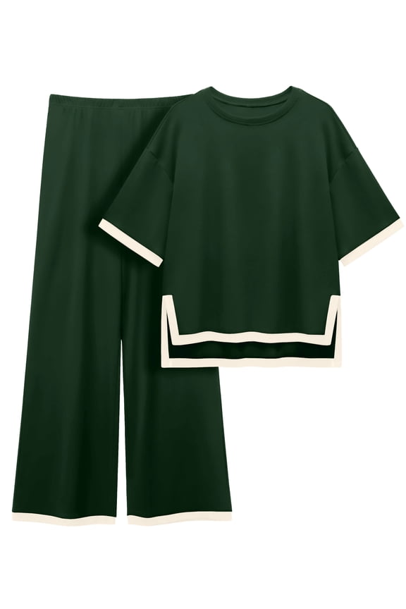 Plus Size Women's Cotton 2-Piece Loungewear Short-Sleeve Round-Neck Pullover Top Wide-Leg Pants Women's PJ Casual Set S-4X