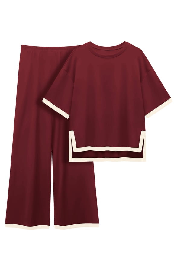 Women's Cotton 2-Piece Loungewear Short-Sleeve Round-Neck Pullover Top Wide-Leg Pants Women's PJ Casual Set S-4X