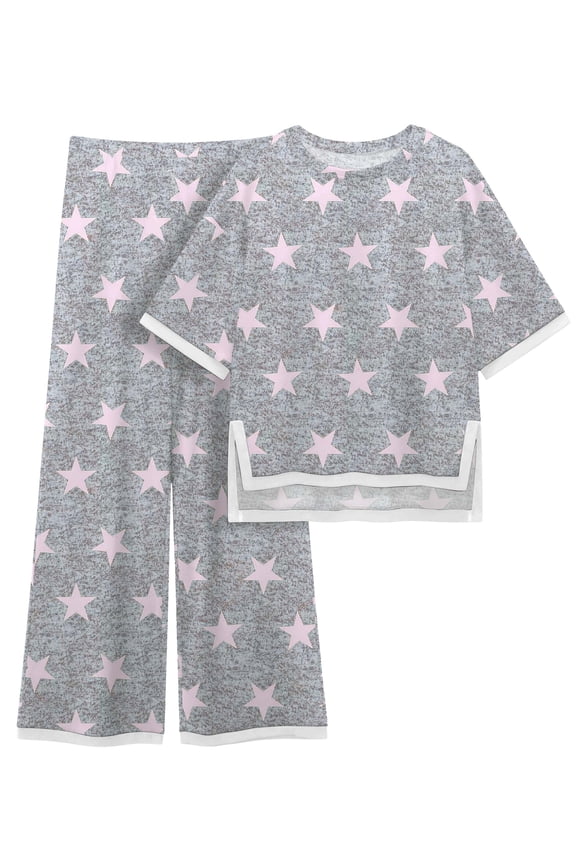 Women's Cotton 2-Piece Loungewear Short-Sleeve Round-Neck Pullover Top Wide-Leg Pants Women's PJ Casual Set S-4X