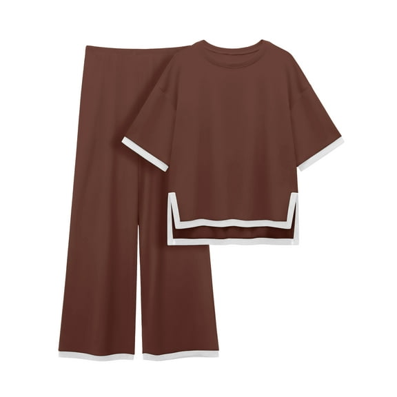 MINTREUS Women's Cotton 2-Piece Loungewear Short-Sleeve Round-Neck Pullover Top Wide-Leg Pants Women's PJ Casual Set S-4X