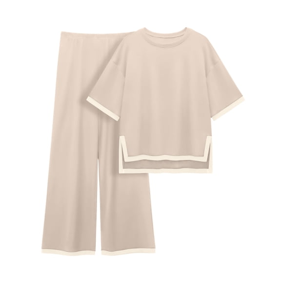 MINTREUS Women's Cotton 2-Piece Loungewear Short-Sleeve Round-Neck Pullover Top Wide-Leg Pants Women's PJ Casual Set S-4X