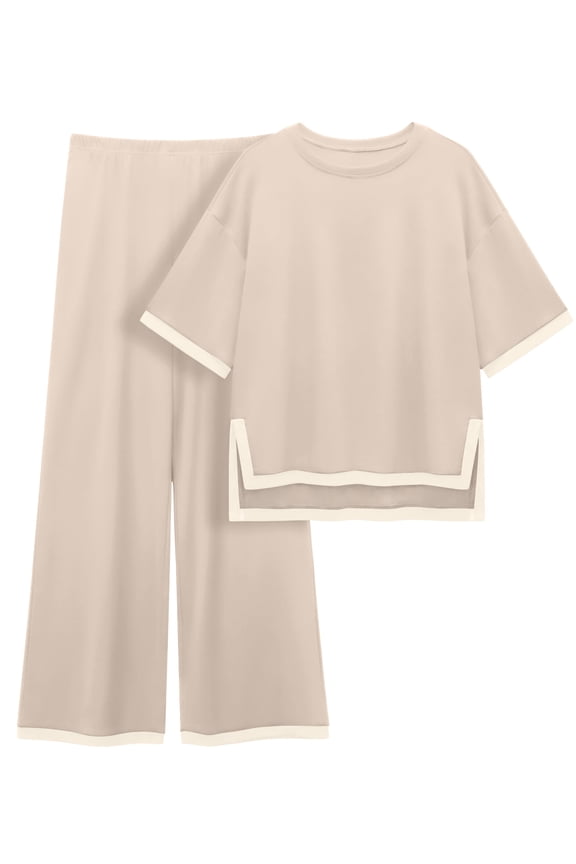 Women's Cotton 2-Piece Loungewear Short-Sleeve Round-Neck Pullover Top Wide-Leg Pants Women's PJ Casual Set S-4X