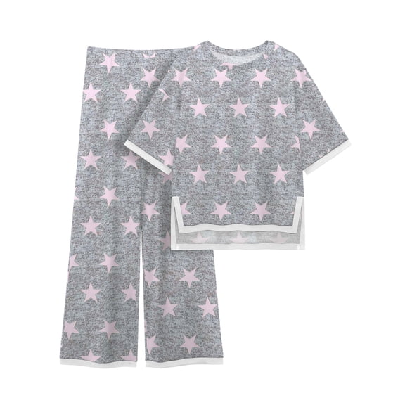 MINTREUS Plus Size Women's Cotton 2-Piece Loungewear Short-Sleeve Round-Neck Pullover Top Wide-Leg Pants Women's PJ Casual Set S-4X