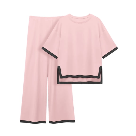 MINTREUS Women's Cotton 2-Piece Loungewear Short-Sleeve Round-Neck Pullover Top Wide-Leg Pants Women's PJ Casual Set S-4X