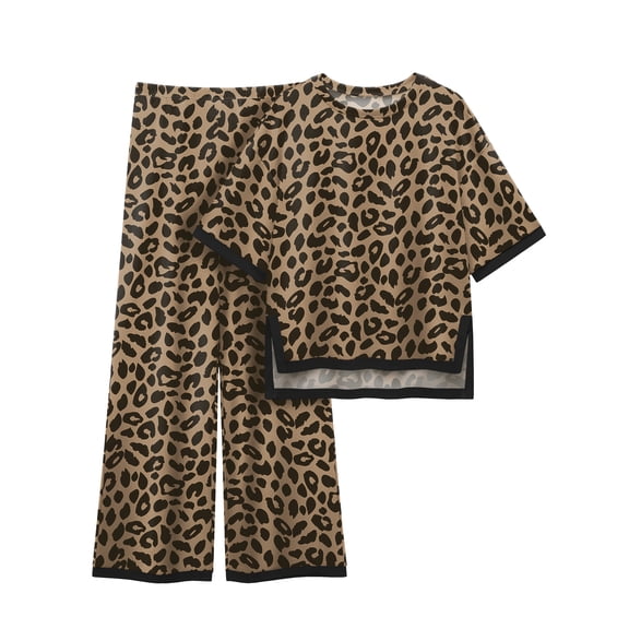 MINTREUS Women's Cotton 2-Piece Loungewear Short-Sleeve Round-Neck Pullover Top Wide-Leg Pants Women's PJ Casual Set S-4X