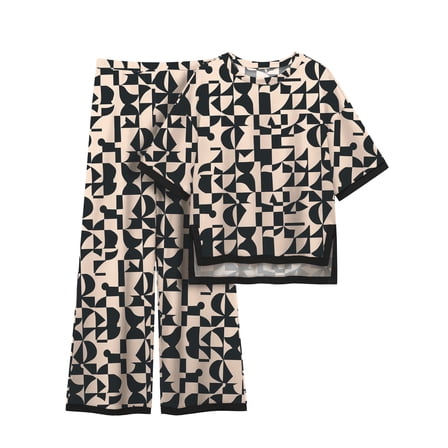 MINTREUS Women's Cotton 2-Piece Loungewear Short-Sleeve Round-Neck Pullover Top Wide-Leg Pants Women's PJ Casual Set S-4X